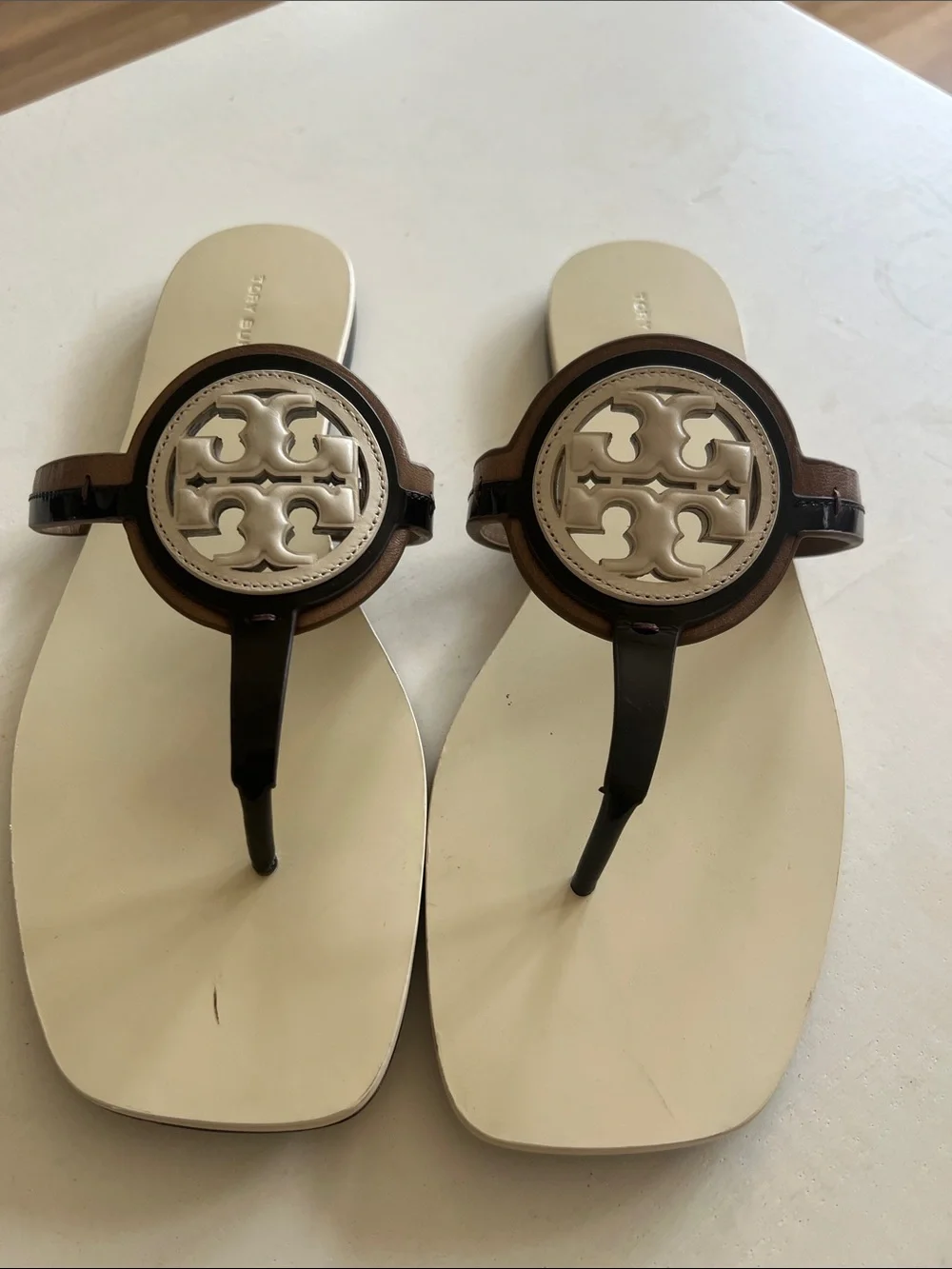 Tory Burch Brown and Cream Logo Thong Sandals